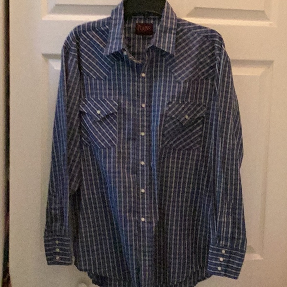 🤠 Plains Westernwear Ranchwear Pearl Snap button Up~Size Large Fun Shirt🤠